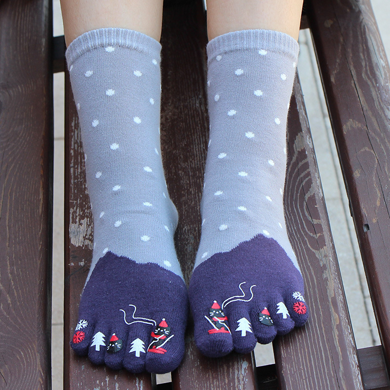 Женски чорапи с пет пръста, 100% памук, попиване на пот, против триене, средна дължина, за всички сезони