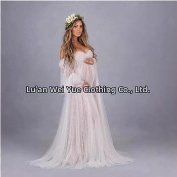 Rochie cu un umăr, din plasă patchwork, maternitate, A-line lungă, mâneci puff