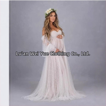 Rochie cu un umăr, din plasă patchwork, maternitate, A-line lungă, mâneci puff