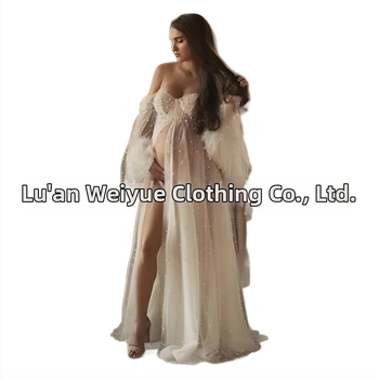 Rochie cu un umăr, din plasă patchwork, maternitate, A-line lungă, mâneci puff