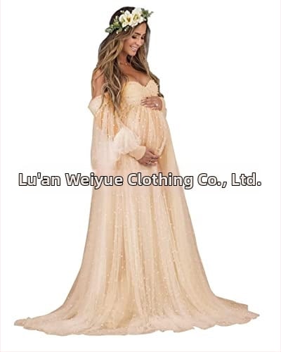 Rochie cu un umăr, din plasă patchwork, maternitate, A-line lungă, mâneci puff