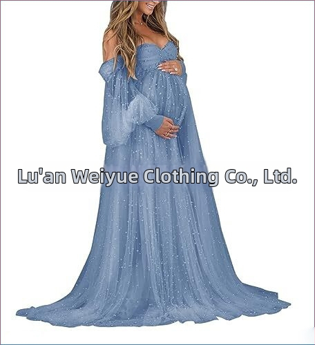 Rochie cu un umăr, din plasă patchwork, maternitate, A-line lungă, mâneci puff