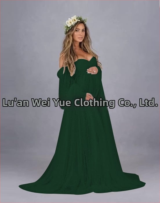 Rochie cu un umăr, din plasă patchwork, maternitate, A-line lungă, mâneci puff