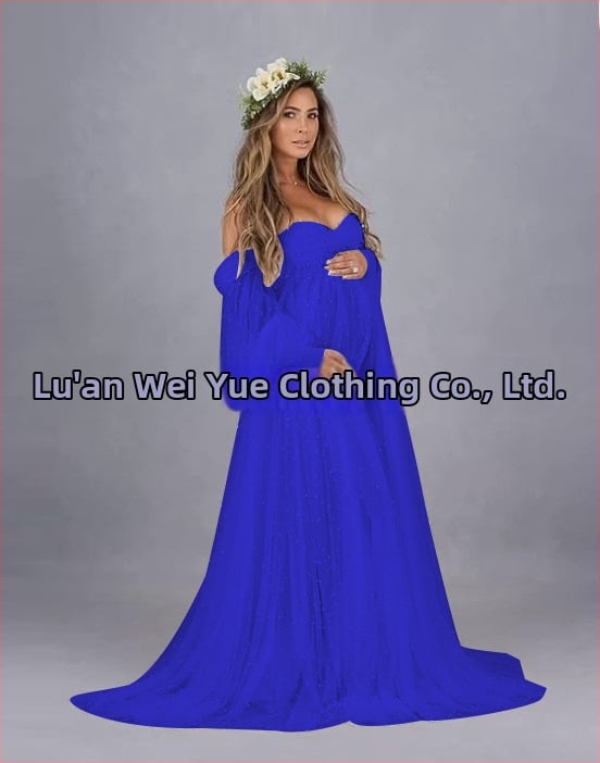 Rochie cu un umăr, din plasă patchwork, maternitate, A-line lungă, mâneci puff