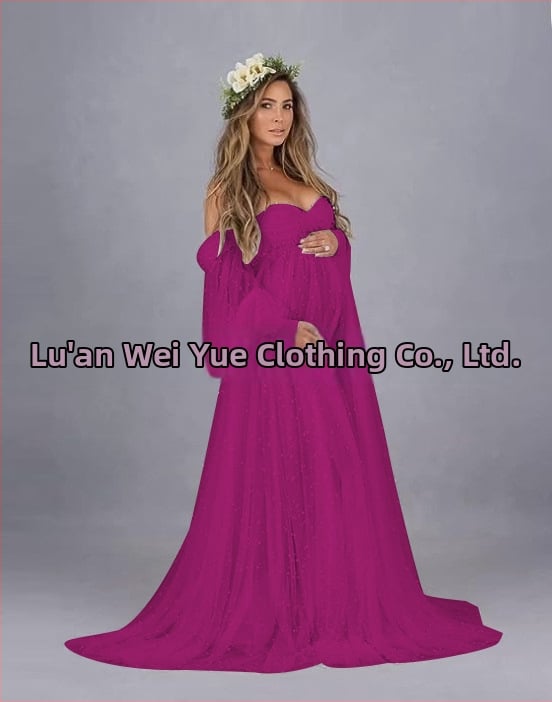 Rochie cu un umăr, din plasă patchwork, maternitate, A-line lungă, mâneci puff