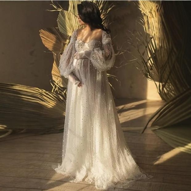 Rochie cu un umăr, din plasă patchwork, maternitate, A-line lungă, mâneci puff