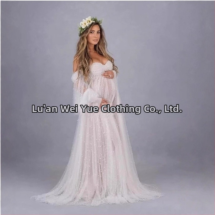 Rochie cu un umăr, din plasă patchwork, maternitate, A-line lungă, mâneci puff