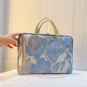 Geantă pentru laptop din material cu motive florale de mătase, stil portofel portabil, căptușală PU, model 69850, Primăvara 2025