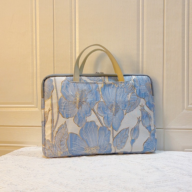Geantă pentru laptop din material cu motive florale de mătase, stil portofel portabil, căptușală PU, model 69850, Primăvara 2025