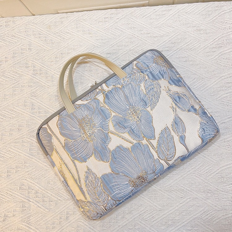 Geantă pentru laptop din material cu motive florale de mătase, stil portofel portabil, căptușală PU, model 69850, Primăvara 2025