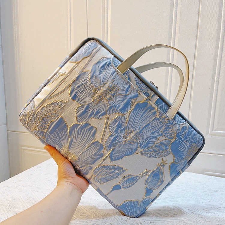 Geantă pentru laptop din material cu motive florale de mătase, stil portofel portabil, căptușală PU, model 69850, Primăvara 2025