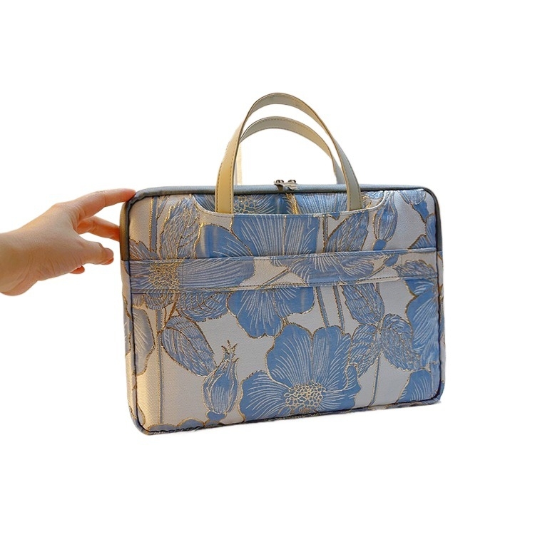 Geantă pentru laptop din material cu motive florale de mătase, stil portofel portabil, căptușală PU, model 69850, Primăvara 2025