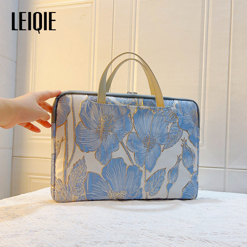 Geantă pentru laptop din material cu motive florale de mătase, stil portofel portabil, căptușală PU, model 69850, Primăvara 2025