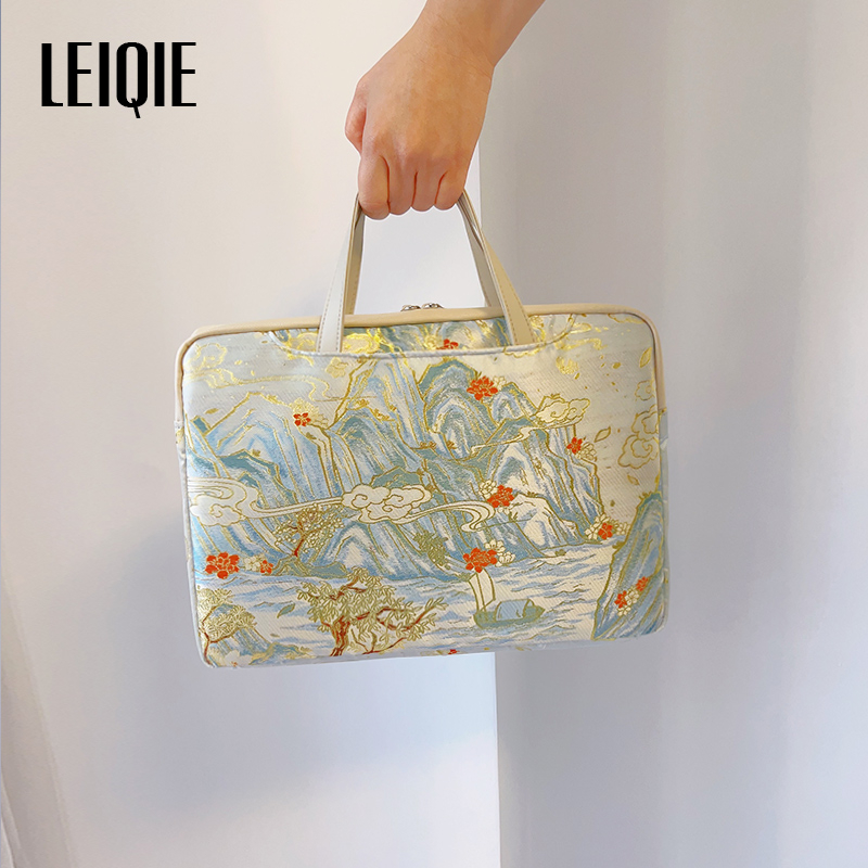 Geantă pentru laptop din material cu motive florale de mătase, stil portofel portabil, căptușală PU, model 69850, Primăvara 2025