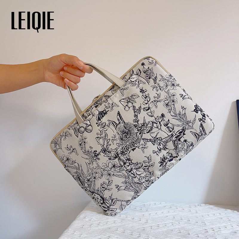Geantă pentru laptop din material cu motive florale de mătase, stil portofel portabil, căptușală PU, model 69850, Primăvara 2025