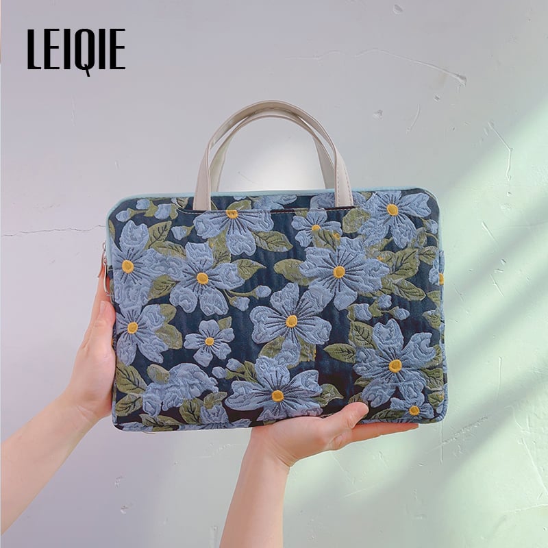 Geantă pentru laptop din material cu motive florale de mătase, stil portofel portabil, căptușală PU, model 69850, Primăvara 2025