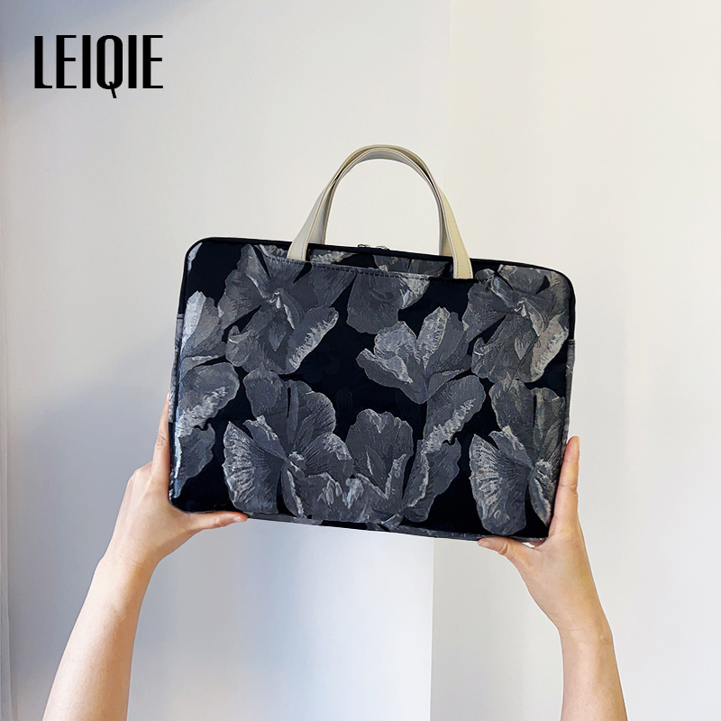 Geantă pentru laptop din material cu motive florale de mătase, stil portofel portabil, căptușală PU, model 69850, Primăvara 2025