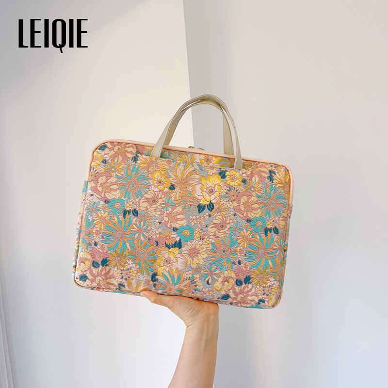 Geantă pentru laptop din material cu motive florale de mătase, stil portofel portabil, căptușală PU, model 69850, Primăvara 2025