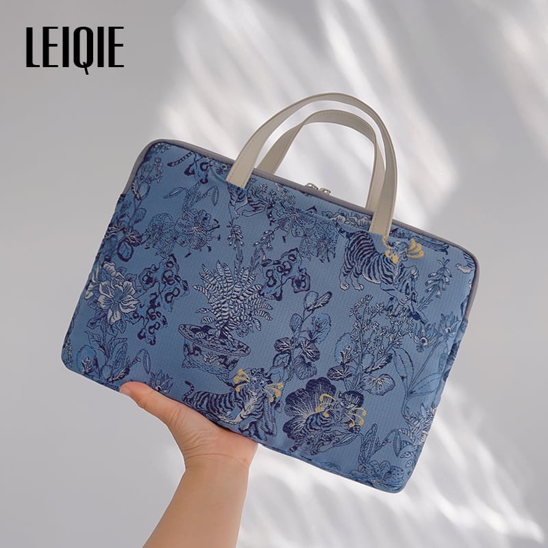 Geantă pentru laptop din material cu motive florale de mătase, stil portofel portabil, căptușală PU, model 69850, Primăvara 2025