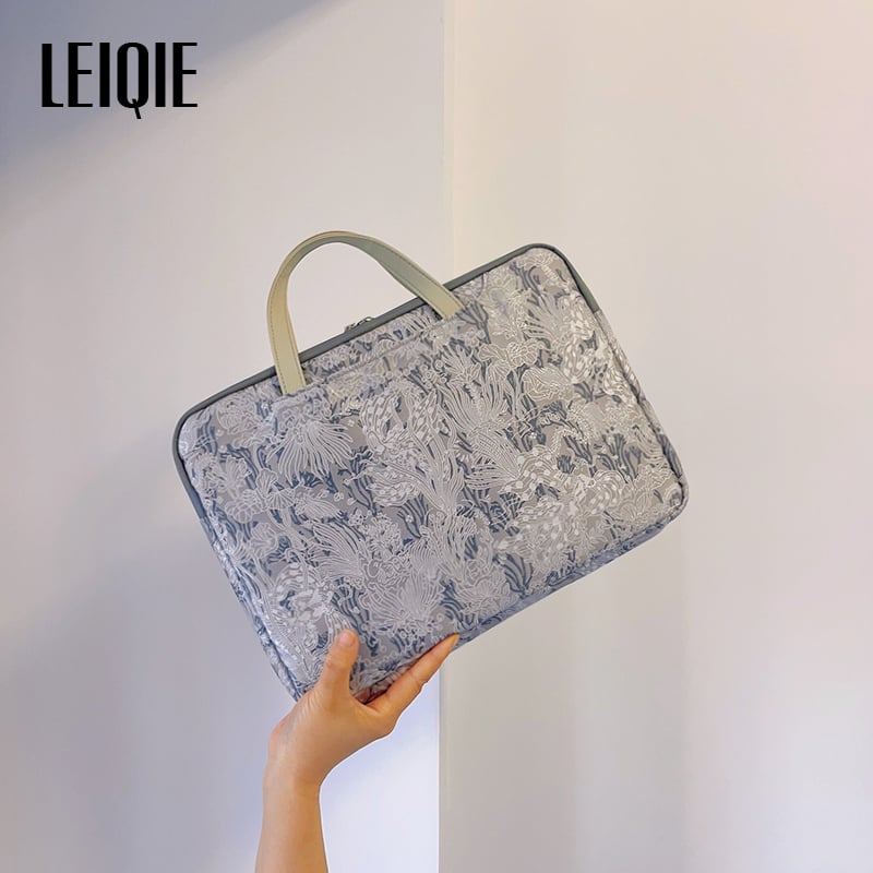 Geantă pentru laptop din material cu motive florale de mătase, stil portofel portabil, căptușală PU, model 69850, Primăvara 2025