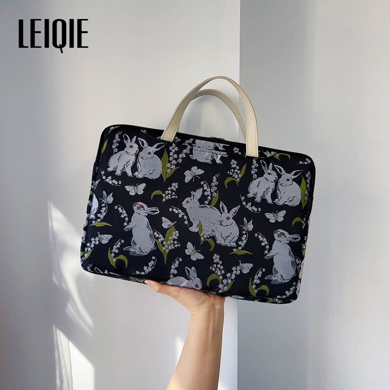 Geantă pentru laptop din material cu motive florale de mătase, stil portofel portabil, căptușală PU, model 69850, Primăvara 2025