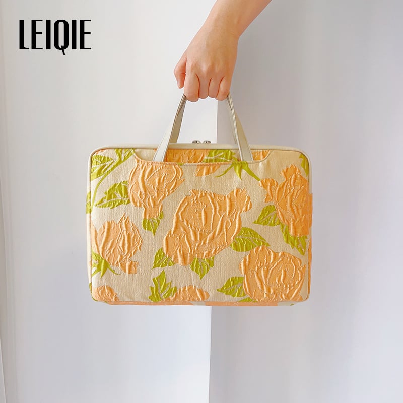 Geantă pentru laptop din material cu motive florale de mătase, stil portofel portabil, căptușală PU, model 69850, Primăvara 2025