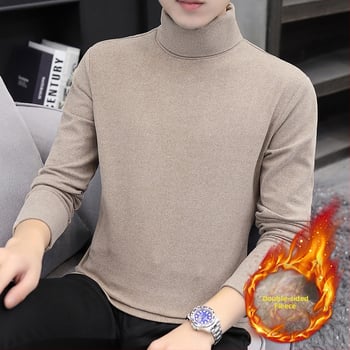 Tricou bărbătesc cu catifea dublă, guler înalt, mâneci lungi, pentru iarnă-toamnă, amestec poliester 91–95%