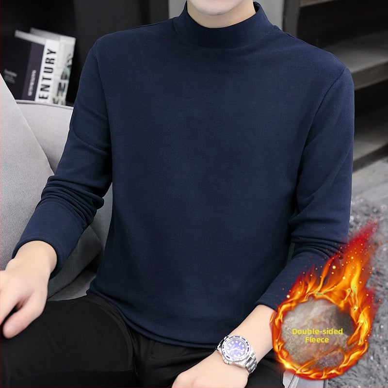 Tricou bărbătesc cu catifea dublă, guler înalt, mâneci lungi, pentru iarnă-toamnă, amestec poliester 91–95%