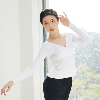Keresztezett V-nyakú hosszú ujjú modern tánc felső nőknek, pamut anyag 95% és pamut bélés 95%, balett- és etnikai tánc ruházat