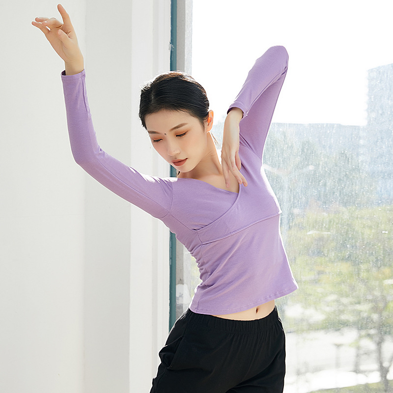 Keresztezett V-nyakú hosszú ujjú modern tánc felső nőknek, pamut anyag 95% és pamut bélés 95%, balett- és etnikai tánc ruházat