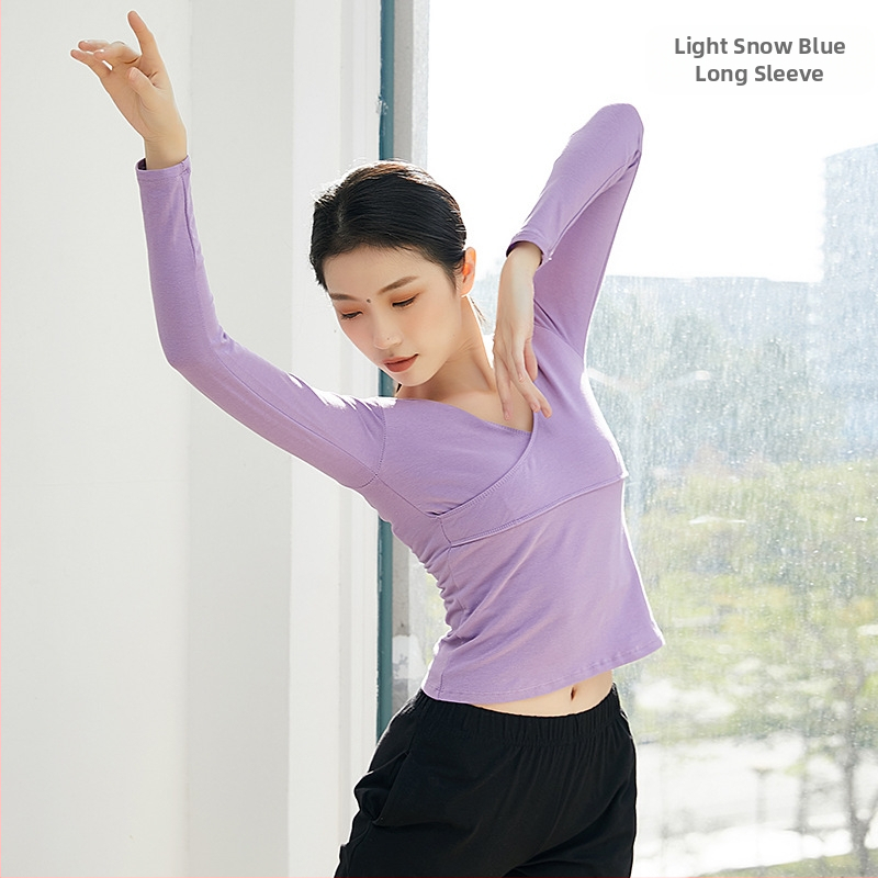 Keresztezett V-nyakú hosszú ujjú modern tánc felső nőknek, pamut anyag 95% és pamut bélés 95%, balett- és etnikai tánc ruházat