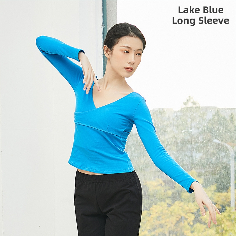 Keresztezett V-nyakú hosszú ujjú modern tánc felső nőknek, pamut anyag 95% és pamut bélés 95%, balett- és etnikai tánc ruházat