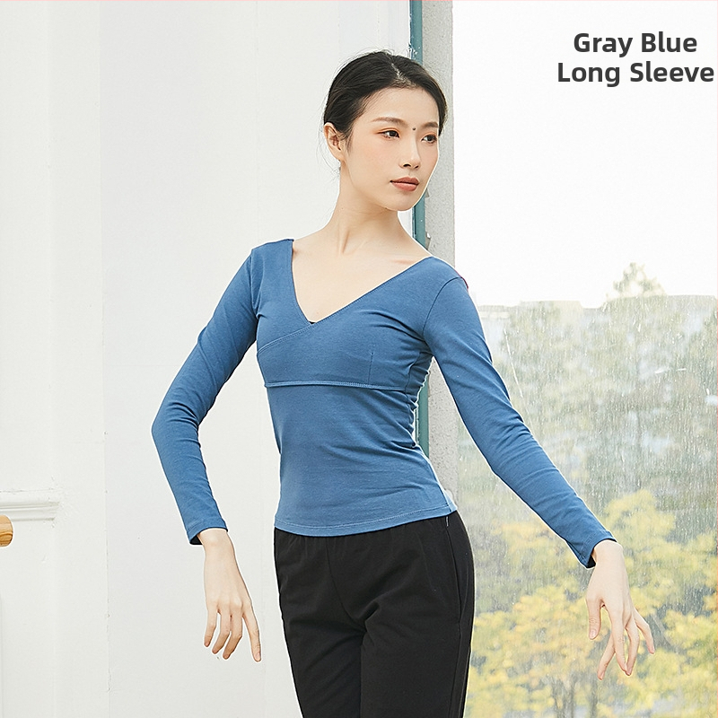 Keresztezett V-nyakú hosszú ujjú modern tánc felső nőknek, pamut anyag 95% és pamut bélés 95%, balett- és etnikai tánc ruházat