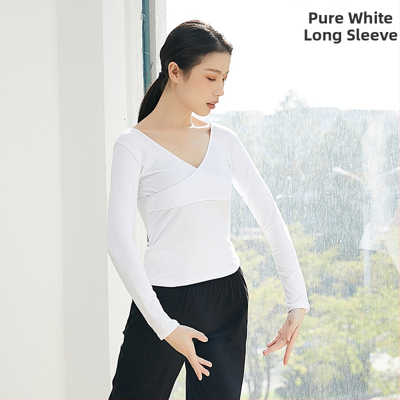 Keresztezett V-nyakú hosszú ujjú modern tánc felső nőknek, pamut anyag 95% és pamut bélés 95%, balett- és etnikai tánc ruházat