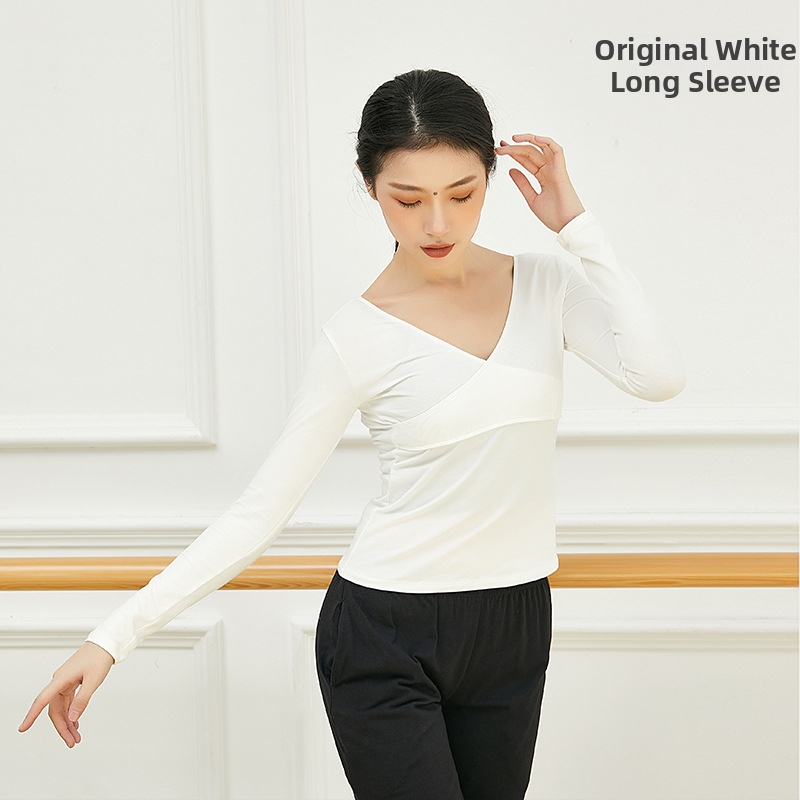 Keresztezett V-nyakú hosszú ujjú modern tánc felső nőknek, pamut anyag 95% és pamut bélés 95%, balett- és etnikai tánc ruházat