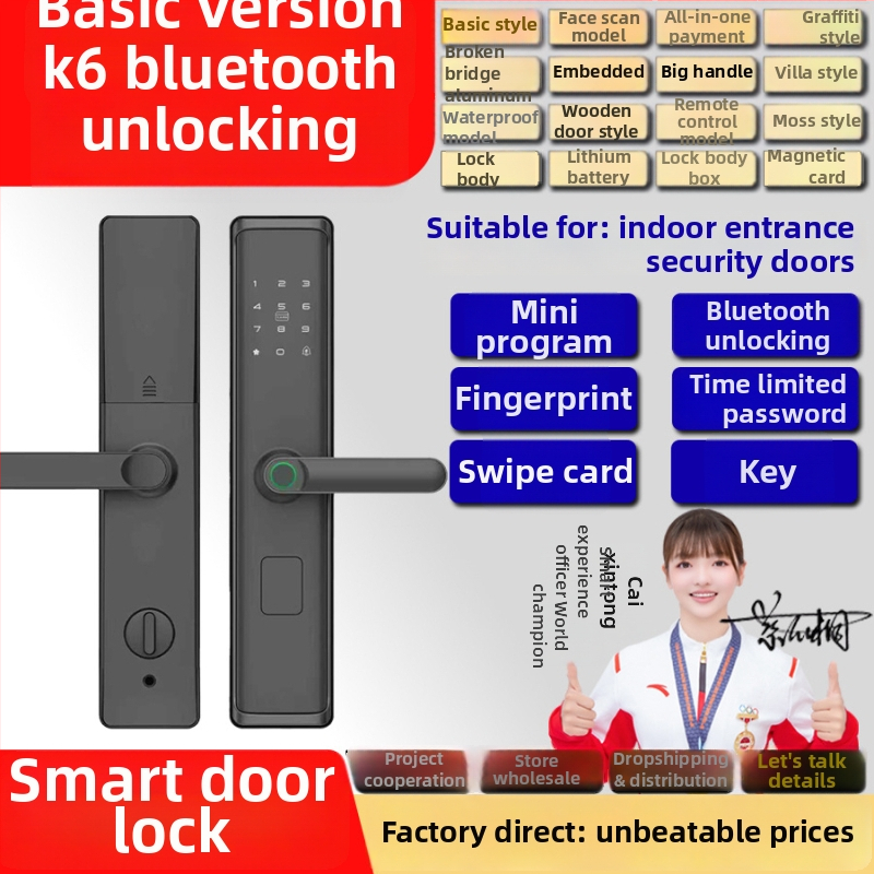 Okos ajtózár ujjlenyomat, jelszó, kártya és távoli feloldás funkciókkal — Tuya P2 testreszabott verzió; 100 ujjlenyomat tárolás, <0,5 s olvasás, FAR <0,001%, FRR <0,001%, azonosítás 1:N