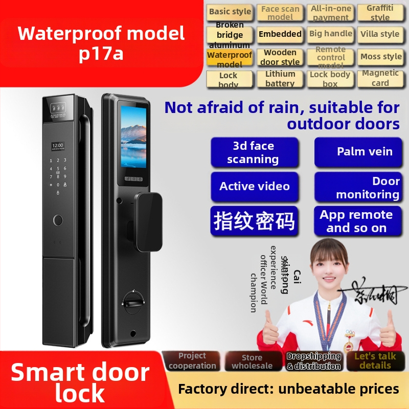 Okos ajtózár ujjlenyomat, jelszó, kártya és távoli feloldás funkciókkal — Tuya P2 testreszabott verzió; 100 ujjlenyomat tárolás, <0,5 s olvasás, FAR <0,001%, FRR <0,001%, azonosítás 1:N