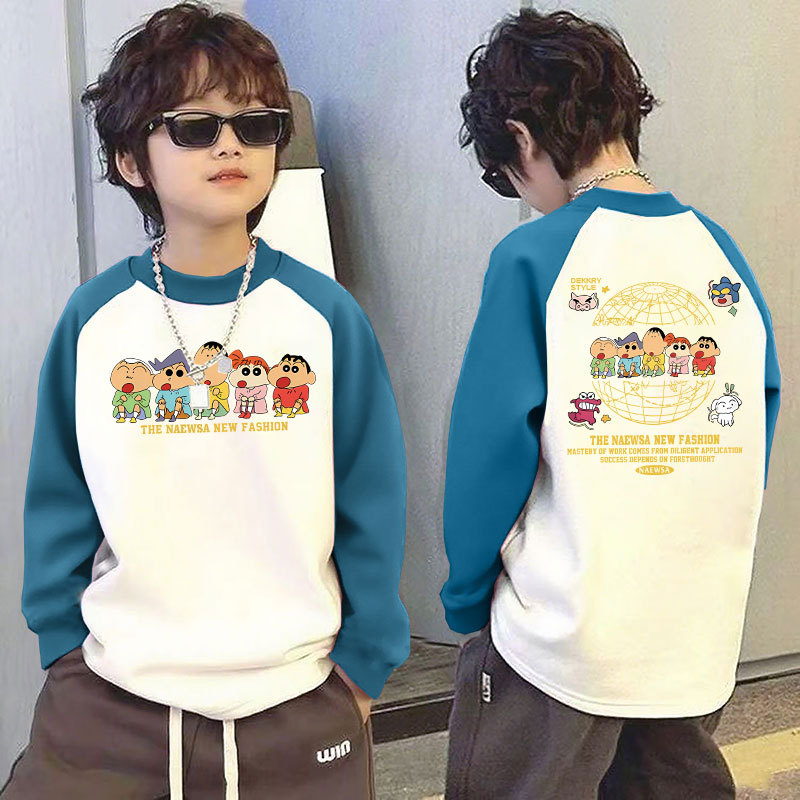 Παιδικό μακρυμάνικο τοπ για τον χειμώνα με θερμική επένδυση, βάσης ρούχου, σχέδιο color-block, 100% πολυεστέρας, στρογγυλός λαιμός, χωρίς κουκούλα