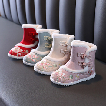 Pantofi de iarnă pentru copii din bumbac, închidere cu cataramă, căptuți cu fleece, talpă din cauciuc anti-derapant, model cartoon, stil etnic