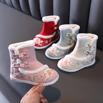 Pantofi de iarnă pentru copii din bumbac, închidere cu cataramă, căptuți cu fleece, talpă din cauciuc anti-derapant, model cartoon, stil etnic