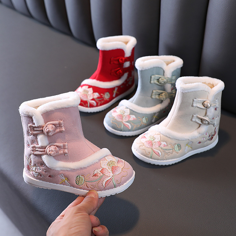 Pantofi de iarnă pentru copii din bumbac, închidere cu cataramă, căptuți cu fleece, talpă din cauciuc anti-derapant, model cartoon, stil etnic