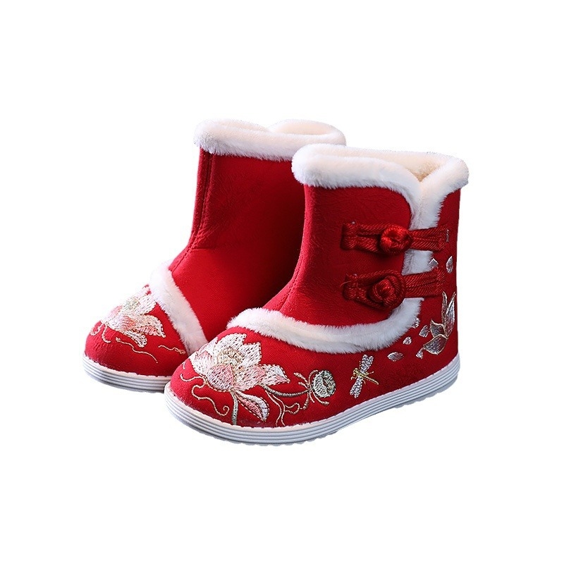 Pantofi de iarnă pentru copii din bumbac, închidere cu cataramă, căptuți cu fleece, talpă din cauciuc anti-derapant, model cartoon, stil etnic