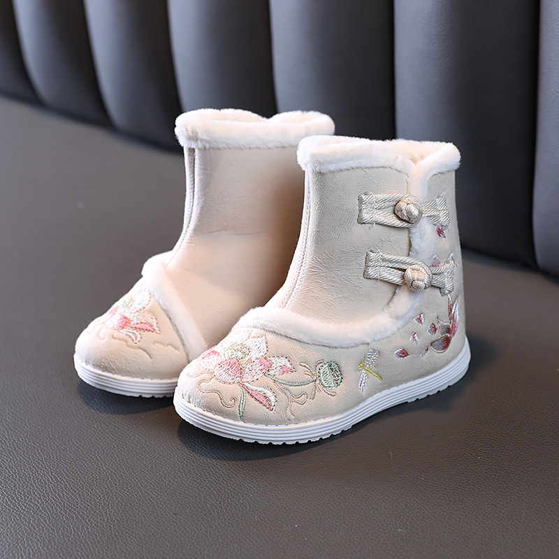 Pantofi de iarnă pentru copii din bumbac, închidere cu cataramă, căptuți cu fleece, talpă din cauciuc anti-derapant, model cartoon, stil etnic