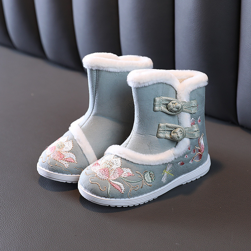 Pantofi de iarnă pentru copii din bumbac, închidere cu cataramă, căptuți cu fleece, talpă din cauciuc anti-derapant, model cartoon, stil etnic