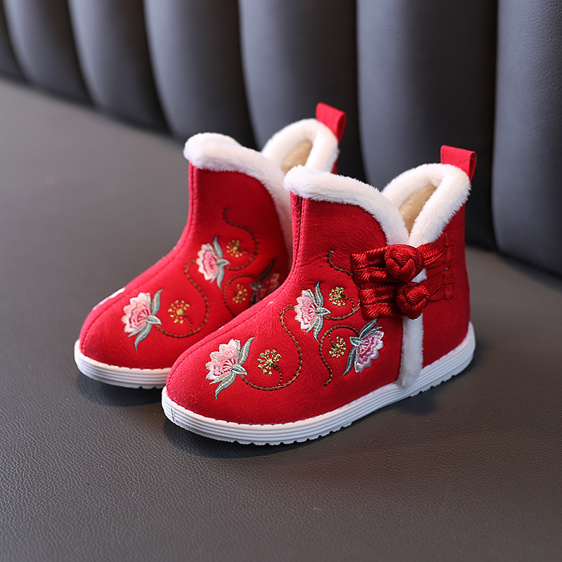 Pantofi de iarnă pentru copii din bumbac, închidere cu cataramă, căptuți cu fleece, talpă din cauciuc anti-derapant, model cartoon, stil etnic