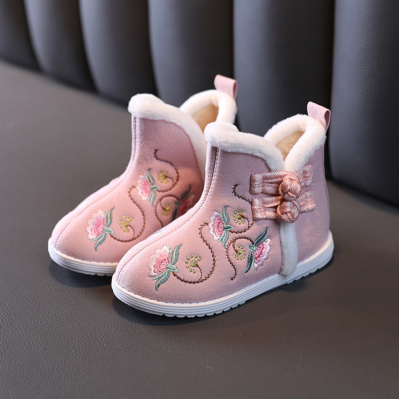 Pantofi de iarnă pentru copii din bumbac, închidere cu cataramă, căptuți cu fleece, talpă din cauciuc anti-derapant, model cartoon, stil etnic