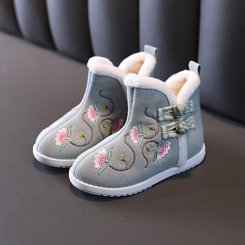 Pantofi de iarnă pentru copii din bumbac, închidere cu cataramă, căptuți cu fleece, talpă din cauciuc anti-derapant, model cartoon, stil etnic