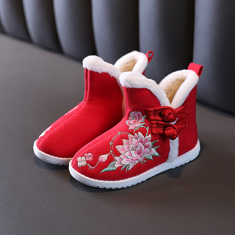 Pantofi de iarnă pentru copii din bumbac, închidere cu cataramă, căptuți cu fleece, talpă din cauciuc anti-derapant, model cartoon, stil etnic