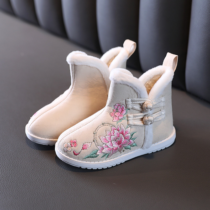 Pantofi de iarnă pentru copii din bumbac, închidere cu cataramă, căptuți cu fleece, talpă din cauciuc anti-derapant, model cartoon, stil etnic