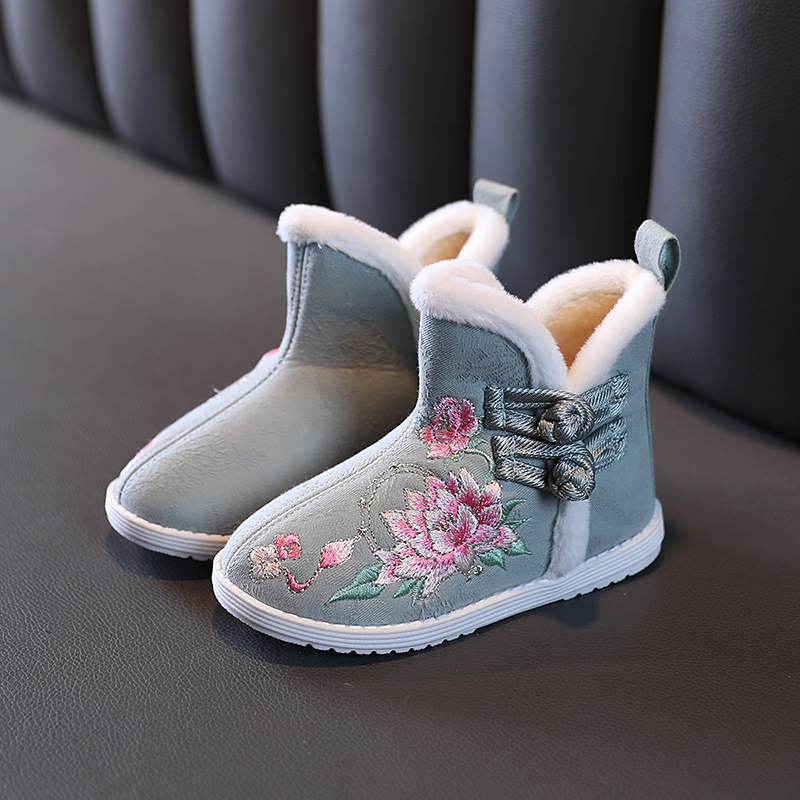 Pantofi de iarnă pentru copii din bumbac, închidere cu cataramă, căptuți cu fleece, talpă din cauciuc anti-derapant, model cartoon, stil etnic